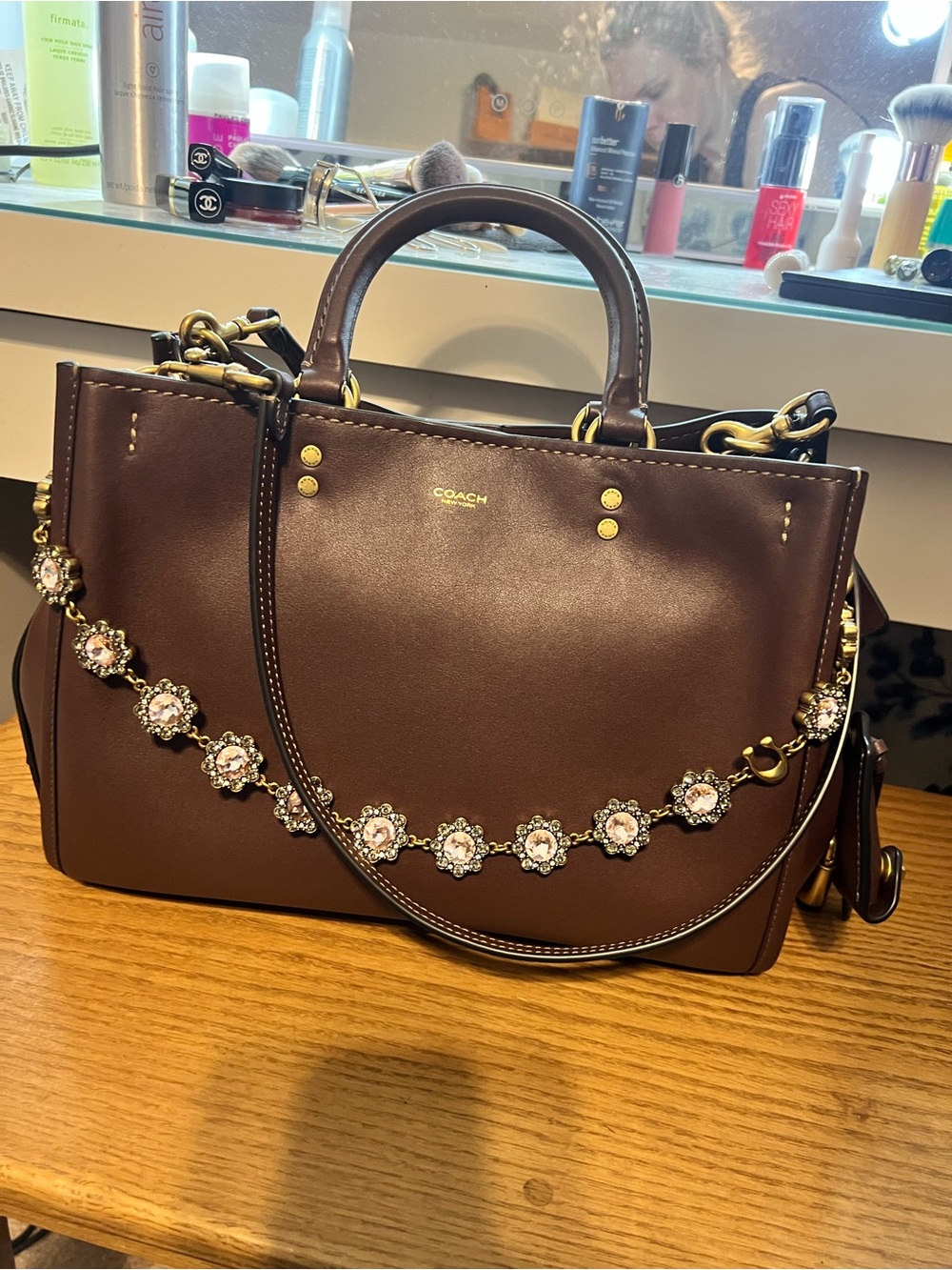 Coach Brown Leather Satchel with Floral Crystal Chain